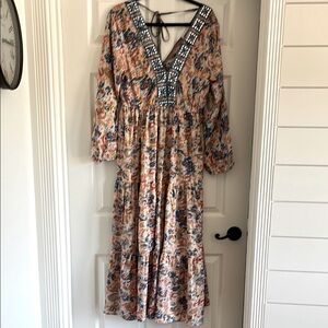 Dress Naoo Indian Orange and Pink Long Sleeve V-Neck Sundress NEW